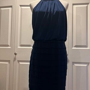 Elegant Halter Navy Midi Dress